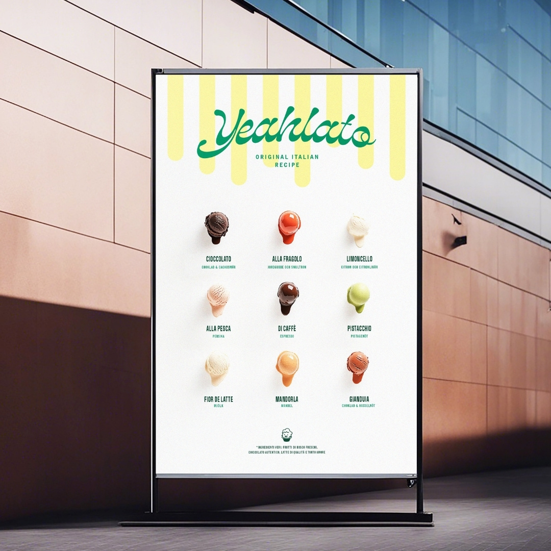 En gatupratare med Yeahlatos meny som visar nio olika glassmaker presenterade med minimalistiska illustrationer av glasskulor under en gulvitrandig topp.