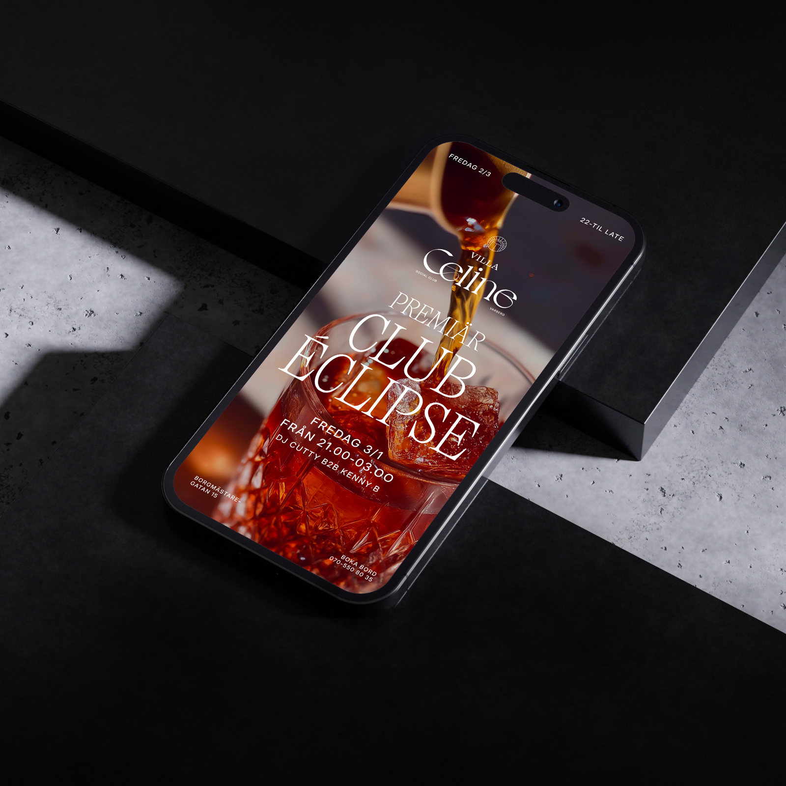 En digital annons för Societén som bjuder in till champagne och tarte flambée, med den nya grafiska profilens typografi och färger.