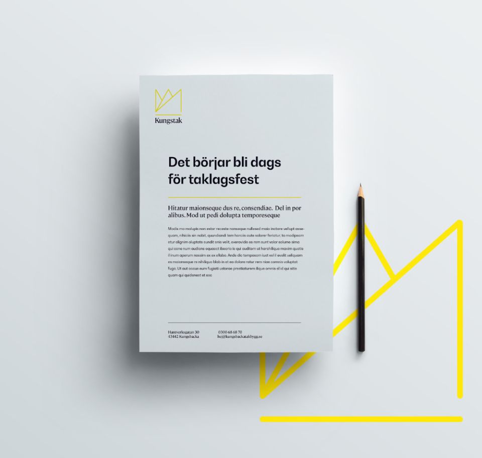  Brevpapper för Kungstak med den lekfulla rubriken ”Det börjar bli dags för taklagsfest” och företagets nya grafiska profil.