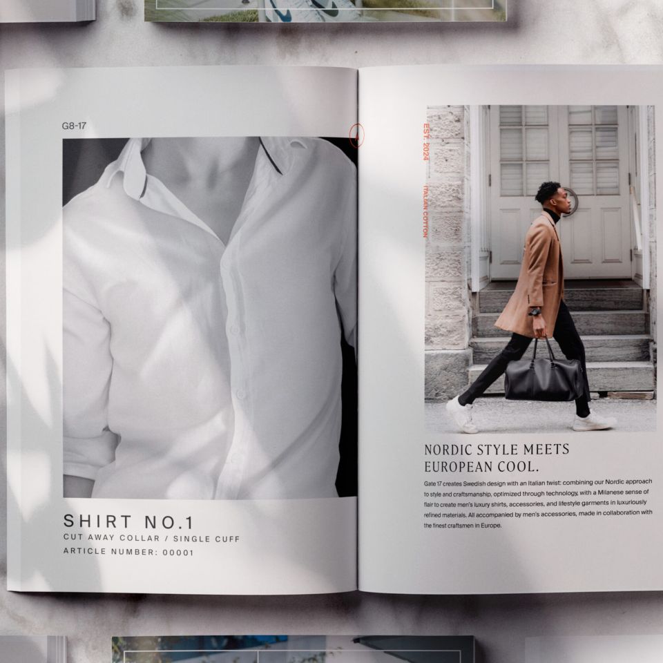  Ett uppslag från Gate 17:s lookbook som kombinerar produktfokus på en vit skjorta med livsstilsbilder och rubriken ”Nordic style meets European cool”.
