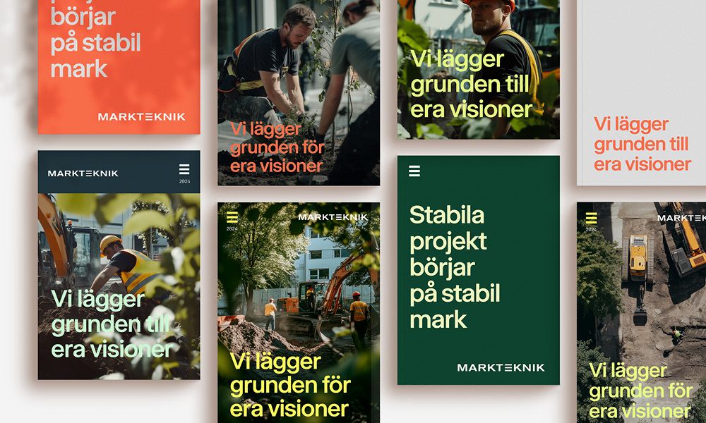 En collagebild som visar Marktekniks grafiska profil applicerad på mobilskärmar med olika rubriker och bilder från anläggningsarbeten.