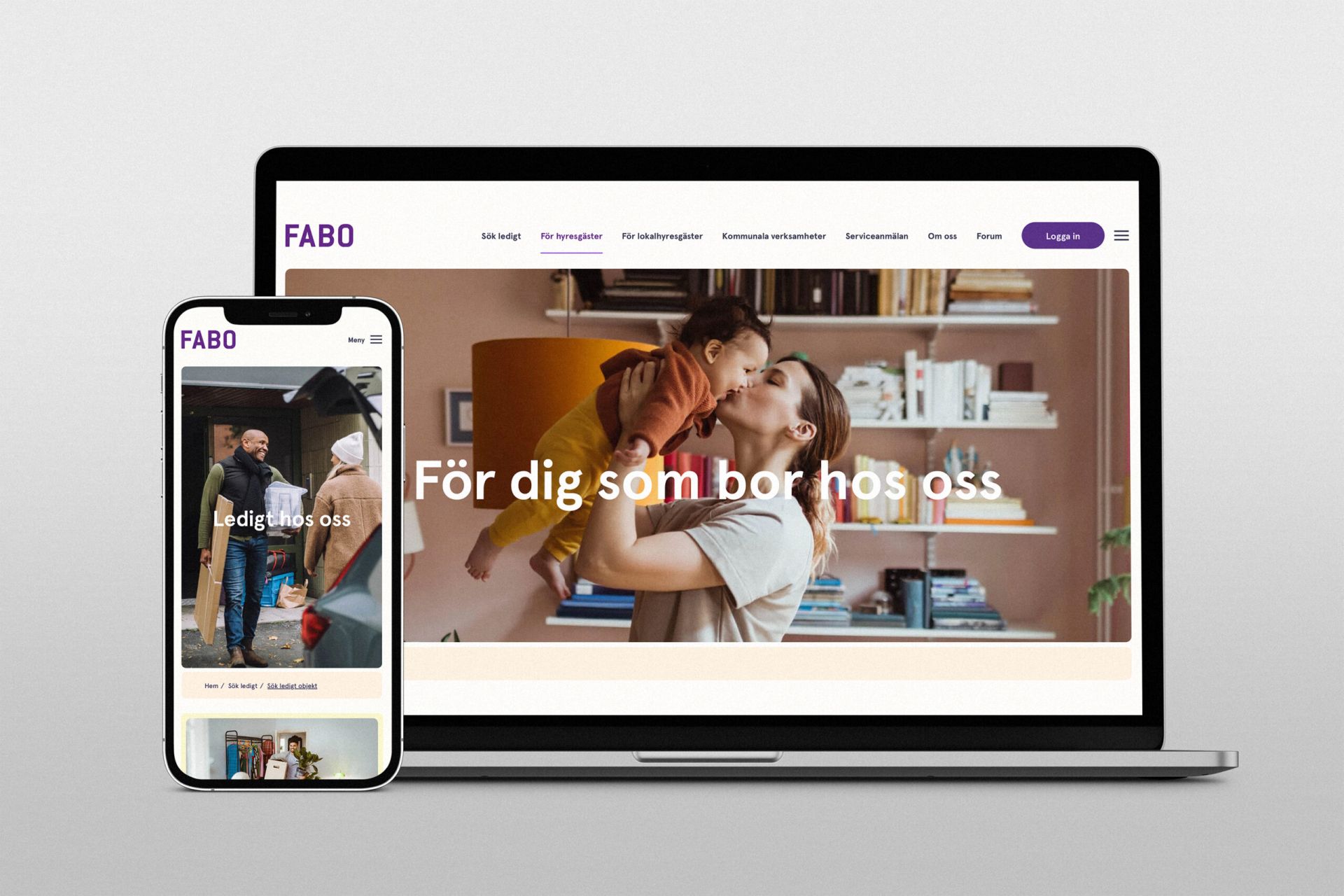 Responsiv Fabo-webbplats på laptop och mobil, med tydlig typografi och harmoniska färger som vägleder besökare och förmedlar information enkelt.