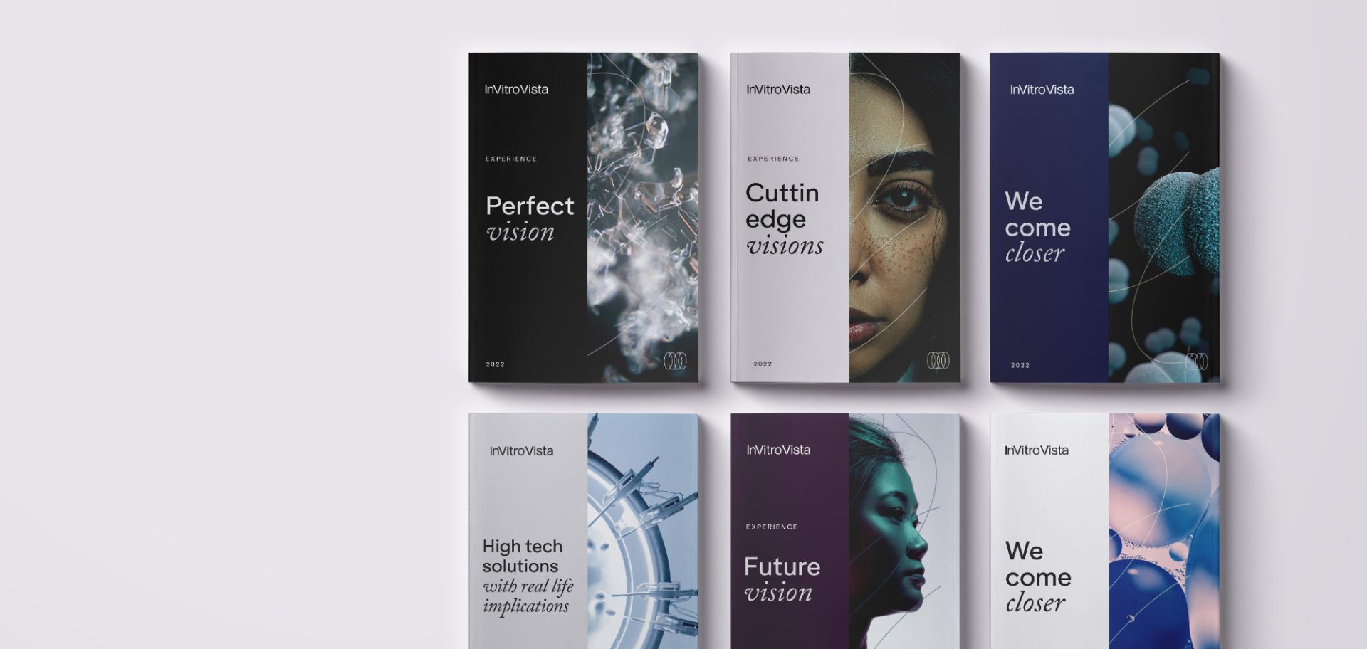 En presentation av InVitro Vistas grafiska identitet som visar sex olika broschyrer eller digitala omslag. Designen kombinerar stilren typografi med tekniska och mänskliga motiv i en modern färgskala av mörka och ljusa toner.