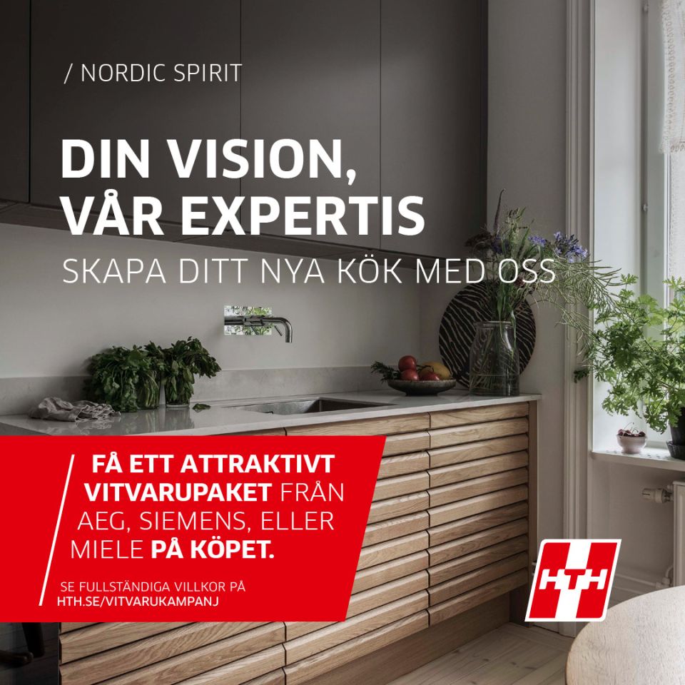 En kampanjannons för HTH Köksstudio med rubriken ”Din vision, vår expertis” som visar ett stilrent kök i modellen Nordic Spirit. Annonsen lyfter fram ett erbjudande om ett vitvarupaket på köpet från AEG, Siemens eller Miele.