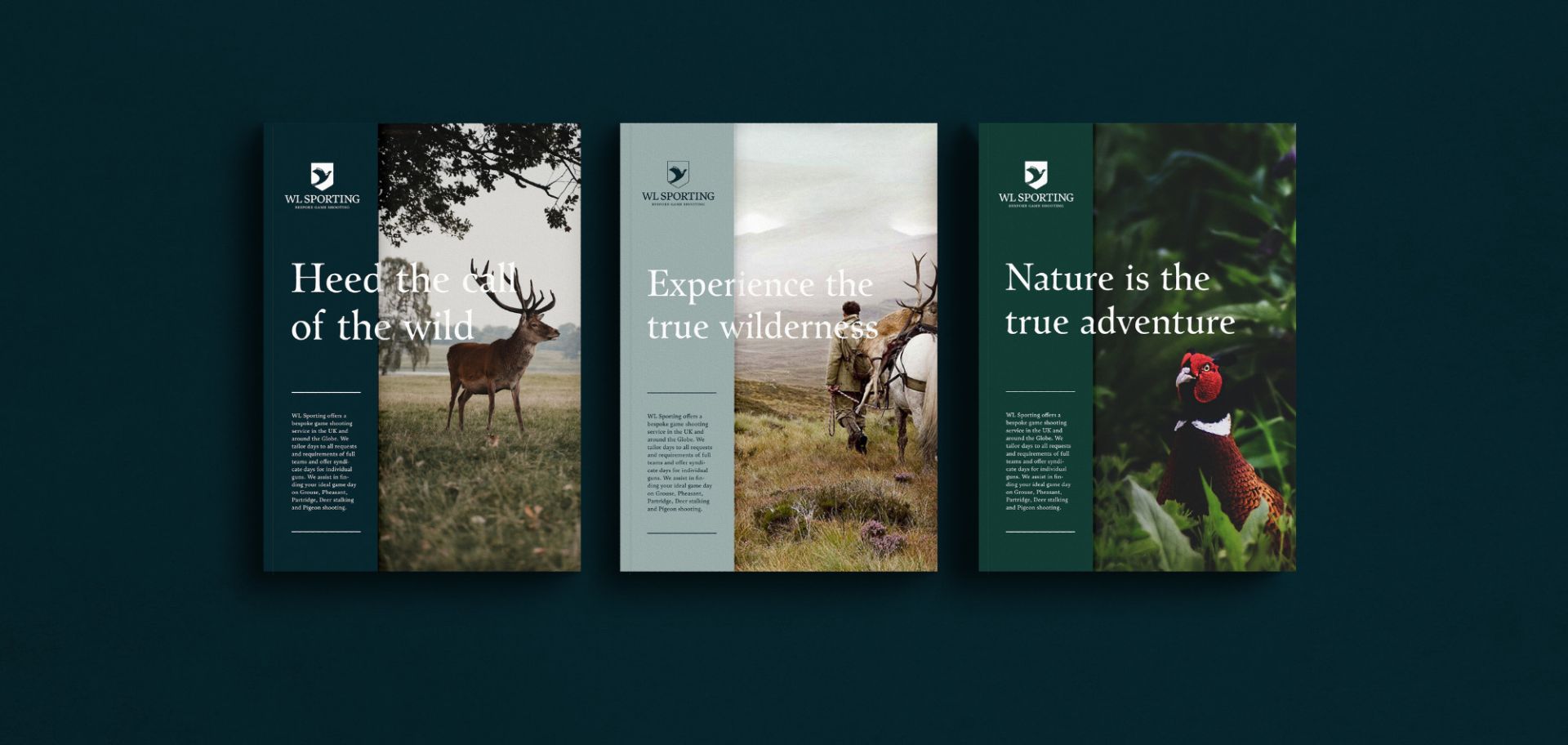  Tre broschyrer för WL Sporting med naturinspirerade färger och rubriker som "Heed the call of the wild", illustrerade med stämningsfulla bilder på en hjort, en jägare till häst och en fasan.