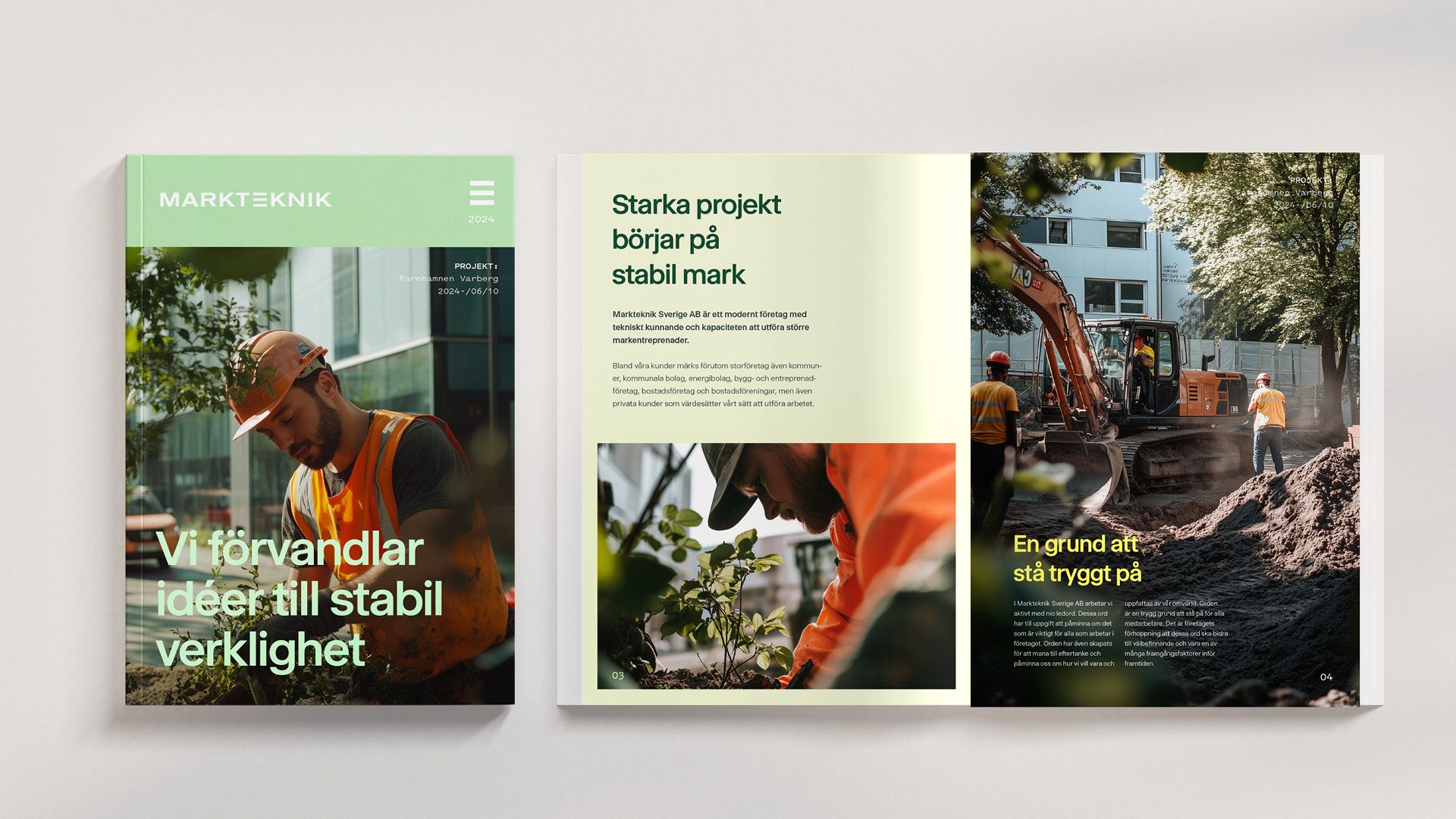 Exempel på en tryckt broschyr för Markteknik där den nya grafiska profilen används för att presentera företagets tjänster och värderingar med tydlig typografi och inspirerande bilder från projekt.